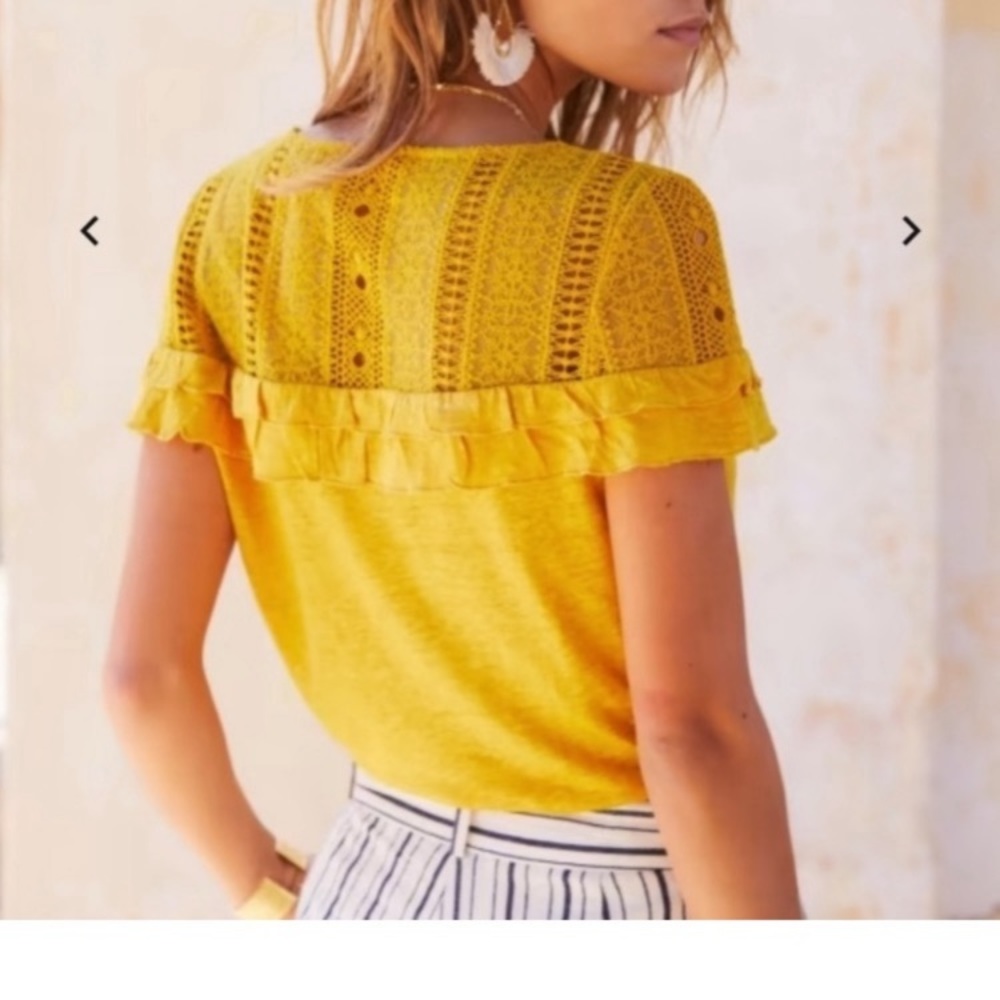 Sezane Yellow Short Sleeve Ruffle & Lace Yoke Tee